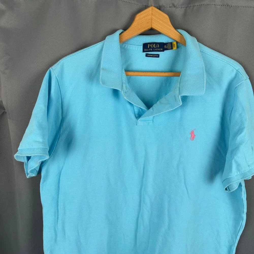 Polo Ralph Lauren Mens XXL Light Blue Custom Slim Fit Pink Pony Polo Shirt